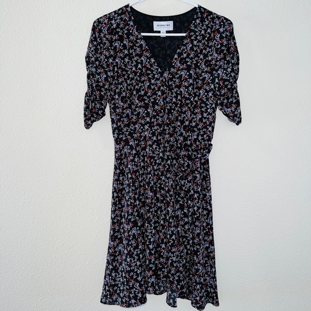Highline Collective Black Floral Ruched Sleeve Mini Wrap Dress size XS